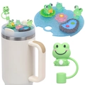 Detail of green silicone frog straw cover and matching lotus pond theme lid ornament - 40OZ-Frog Pond Theme