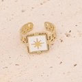 Detail of gold-plated square signet ring featuring white enamel and star sunburst motif - Square White Enamel Star Style (R099-1)