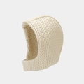 Detailed view of cream-colored cable knit balaclava showing thick textured weave and warmth - Beige