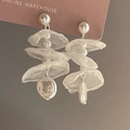 Close-up of white lace floral earrings with layered mesh and baroque pearl tassels - 7# Silver Earring Post - White Lace Baroque Pearl