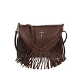 Brown faux leather shoulder bag with long fringes and silver rivet studs details - Brown