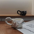 French retro irregular ceramic coffee mug with white finish and butterfly 3D accents - White Double Butterfly Single Mug / Single Cup
