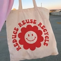Beige canvas tote bag with red floral smile print and Reduce Reuse Recycle slogan - STD874-P Reduce Reuse Recycle