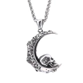 Gothischer silberner Edelstahl-Mondsichel-Anhänger mit Totenkopf und Metallkette - Silberner Mond-Skelett-Anhänger (Mit Kette)