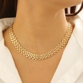 Three-row gold braided chain necklace with flat oval links in a watchband style - Necklace (Gold)