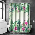 Tenda da doccia in poliestere con fenicottero rosa e foglie di monstera tropicali - 90x180cm / Verde Smeraldo