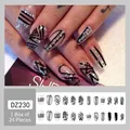 French style black and white geometric press-on nails with small rhinestones, 24 pieces - Glue Type / DZ230 Plaid with Rhinestone