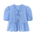Elegantes blaues Oberteil mit Puffärmeln, dekorativen Schleifen und Schößchensaum - XS / Hellblau