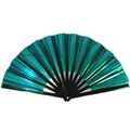 Éventail de Kung Fu 33cm avec film laser vert réfléchissant et brins en bambou - 33cm / Vert métallique (Os noir)