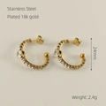 18k gold plated stainless steel C-shaped hoop earrings with clear zircon stones 24mm - Gold Circular Zirconia Earrings (ZE882G-01)