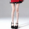 Detail of white Lolita tights with yellow satin bows and delicate white pearl accents - One Size / Milky White Pantyhose - White Bow
