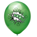 Close-up of green latex superhero balloon with BOOM comic print for birthday party décor - BOOM Style / Green