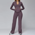 Two-piece brushed yoga set with high waist wide leg pants in mauve purple finish - Mauve (Jacket+Wide Leg Pants)