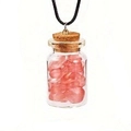 Detail of clear glass bottle pendant with pink hearts and black wax cord necklace - Rose Quartz