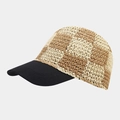Checkered straw baseball cap with black brim for summer sun protection and casual wear - Beige and Khaki Grid