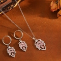 Elegant silver leaf jewelry set with pink opal pendant and clear stones in a sweet style - Silver Pink Stone Leaf Jewelry Set