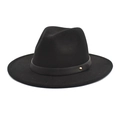 Detail of black wool fedora featuring a leather band and gold circular rivet accent - M (56-58cm) / Black