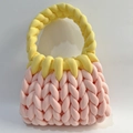 Pink and yellow chunky knit handmade handbag featuring a thick braided candy color design - Pink White + Light Yellow
