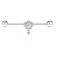 Dettaglio macro di piercing industriale vintage con pietra di luna e cuore rosa - Bilanciere Industriale Pietra di Luna Retro Argento (#11)