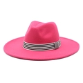 Detail of rose red wool fedora hat featuring a stylish black and white striped ribbon band - M (56-58cm) / Rose Red