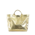 Glossy gold crocodile pattern tote bag with TOTE BAG print and metallic finish - Gold
