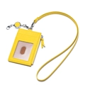 Yellow leather lanyard ID card holder with zipper pocket and retractable reel - Lemon Yellow