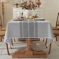 Waterproof linen-textured gray tablecloth featuring white stripes and tassel fringe - 90*90cm / Light Grey (Waterproof Elegant)