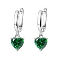 Silver hoop earrings with sparkling green heart-shaped crystal pendants on white background - Ear Buckle / Green Zirconia