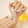 Halloween long coffin press on nails featuring black bats and cat designs in cream white - Cream White Black Bat Fluid Style (JP1241)