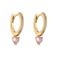 18K gold plated hoop earrings with pink heart zircon stones on a clean white background - 41840