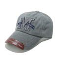 Detail of vintage washed cotton baseball cap with embroidered letter M and leather brim - M (56-58cm) / Gray