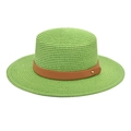 Close-up of light green straw boater hat featuring a brown leather band with gold rivets - M (56-58cm) / Fruit Green