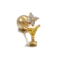 Cocktail glass stud earring with yellow triangular zircon and gold flower screw back - Martini Cup / Gold