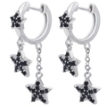 Detail of silver long star earrings featuring black zircon stones and fringe tassels - Silver-Black Zircon