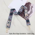 Detail of blue dandelion weave pattern on wide adjustable strap with gold metal hooks - Blue Edge Dandelion - Gold Buckle