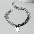 Two-tone silver and black mixed chain bracelet with rectangular tag and lobster clasp - Black & Silver Two-Tone