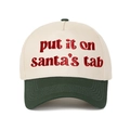 Close-up of red 'put it on santa's tab' embroidery on a two-tone cotton baseball cap - Cream/Army Green