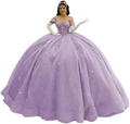 Elegant purple off-the-shoulder quinceañera ball gown with floral lace and glitter tulle - Light Purple with Train