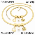 Gold-plated flat snake chain jewelry set with hollow heart, pearl, and lotus pendants - Lotus / Bracelet / Gold
