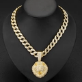 Golden hip hop Cuban link chain with a sparkling rhinestone-encrusted lion head pendant - Pendant + 18-inch (45cm) Necklace / Gold