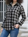Women's vintage black and white plaid long sleeve loose shirt jacket in casual style - S / Black