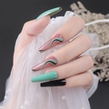 Lange ballet kunstnagels met smaragdgroen verloop, zwarte glanzende finish en glitter - Smaragdgroene Golf Lange Coffin (Lijm Stijl)