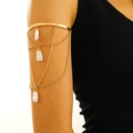 Elegant gold arm cuff featuring layered tassel chains and white baroque pearl charms - Gold Tassel Baroque Pearl Style (A-1247)