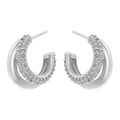 Detailed view of silver C-shaped earrings with double-layered pavé zircons and smooth metal - Silver Multi-layer C-Shape