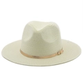 Detailed view of cream straw fedora hat with gold leather band and metallic buckle - M (56-58cm) / Creamy White
