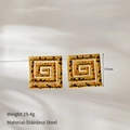 Detail shot of vintage 18k gold plated stainless steel square earrings with red-black spots - Geometric Square Ink Dots (CH1183-4)