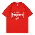 Detail shot of a red cotton T-shirt featuring white Happy Father's Day print lettering - XS / Tops / Red (318)