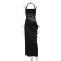 Detail of black halter maxi dress showing sheer mesh waist panel and ruched texture fabric - S / Black