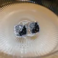 Luxe square crystal stud earrings featuring black and white pave-set stones in silver - 28# Silver Earring Post - Black and White Contrast Square Pave Style
