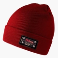 Dark red winter knit beanie with a stylish leather fashion label and metal rivets - L (58-60cm) / Burgundy
